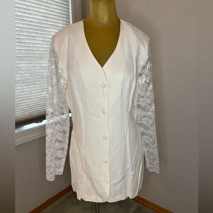White Lace Sleeve Button-Up Blazer or mini skirt. Habits size 14.